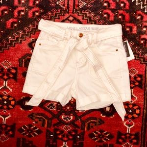Off-white denim high-rise belted shorts